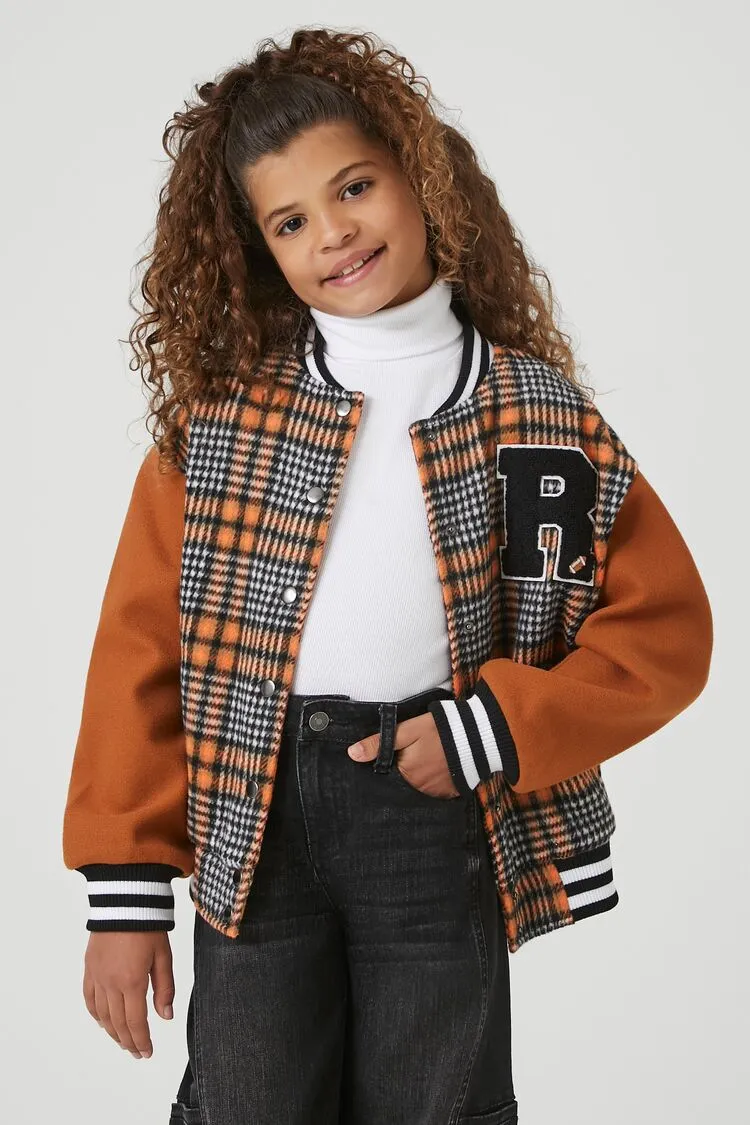 Forever 21 Girls Plaid Letterman Jacket (Kids) Brown/Multi Forever 21