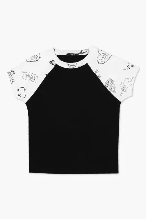 Forever 21 Girls Ribbed Graphic Raglan T-Shirt (Kids) Black/Multi Forever 21