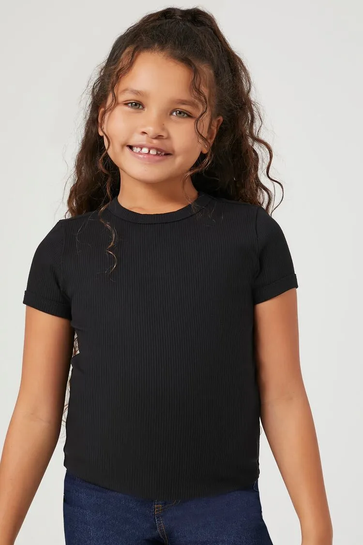 Forever 21 Girls Ribbed Knit Crew T-Shirt (Kids) Black Forever 21