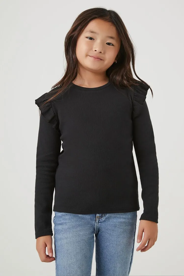 Forever 21 Girls Ribbed Ruffle-Trim Top (Kids) Black Forever 21
