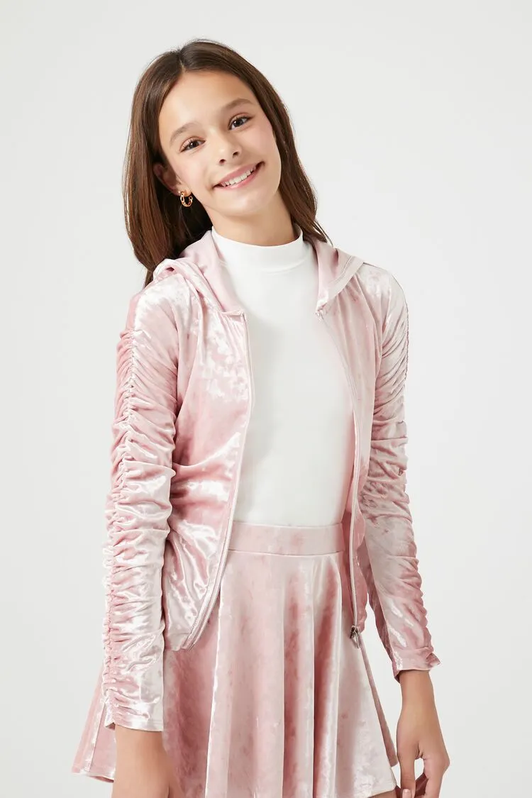 Forever 21 Girls Velvet Zip-Up Hoodie Sweatshirt (Kids) Mauve Forever 21