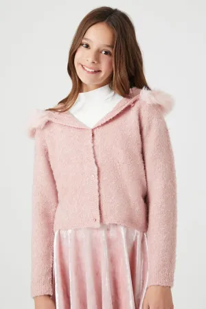 Forever 21 Knit Girls Faux Fur Cardigan Sweater (Kids) Pale Mauve Forever 21