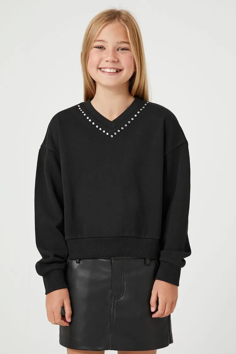 Forever 21 Knit Girls (Kids) Rhinestone-Trim Pullover Sweater Black/Multi Forever 21