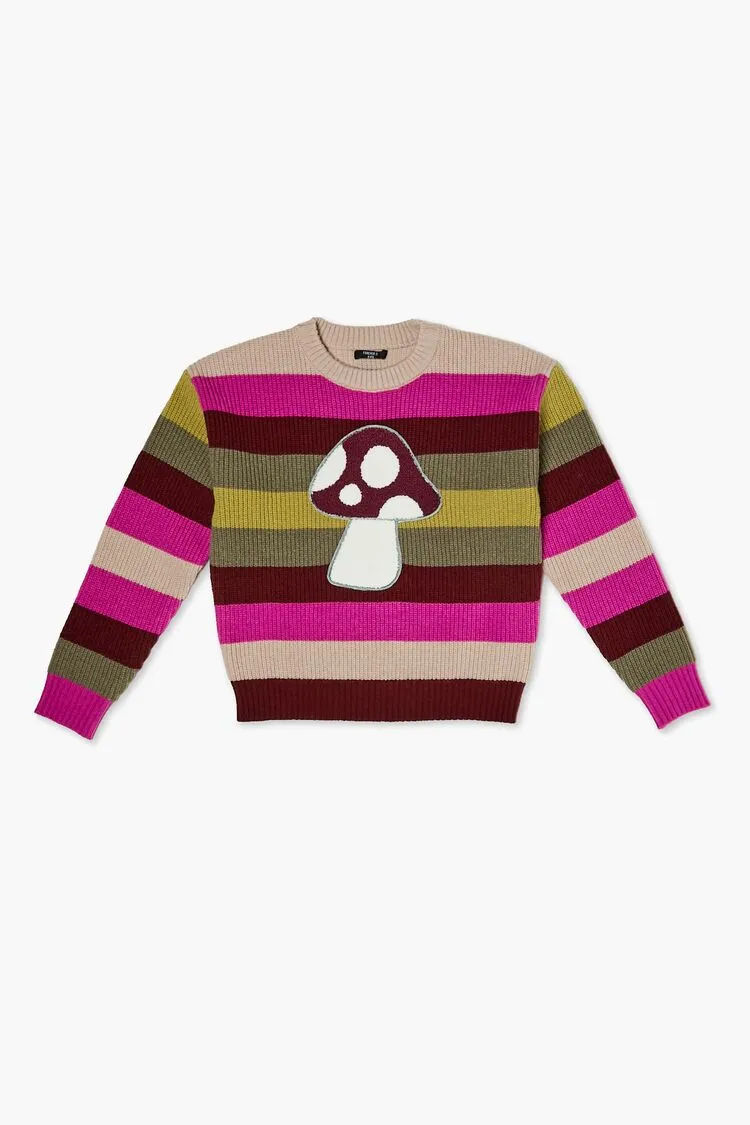 Forever 21 Knit Girls Striped Mushroom Graphic Sweater (Kids) Pink/Multi Forever 21