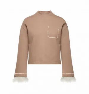 Fur Sleeve Sweatshirt In Light Camel