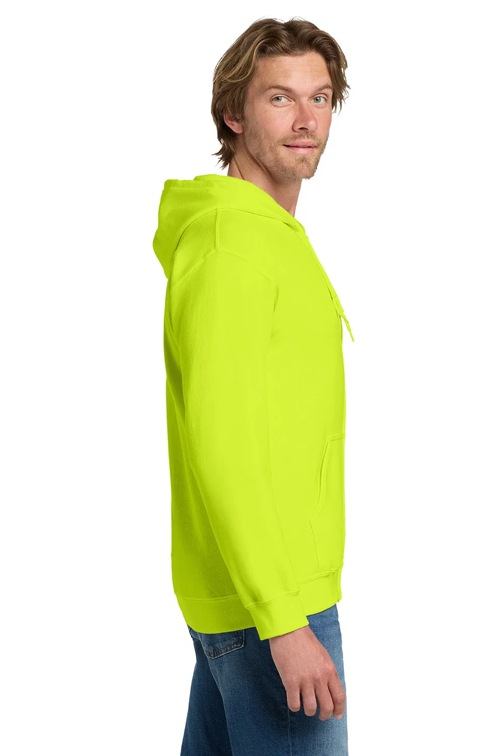Gildan Mens Pill Resistant Full Zip Hooded Sweatshirt Hoodie w/ Pockets - Safety Green