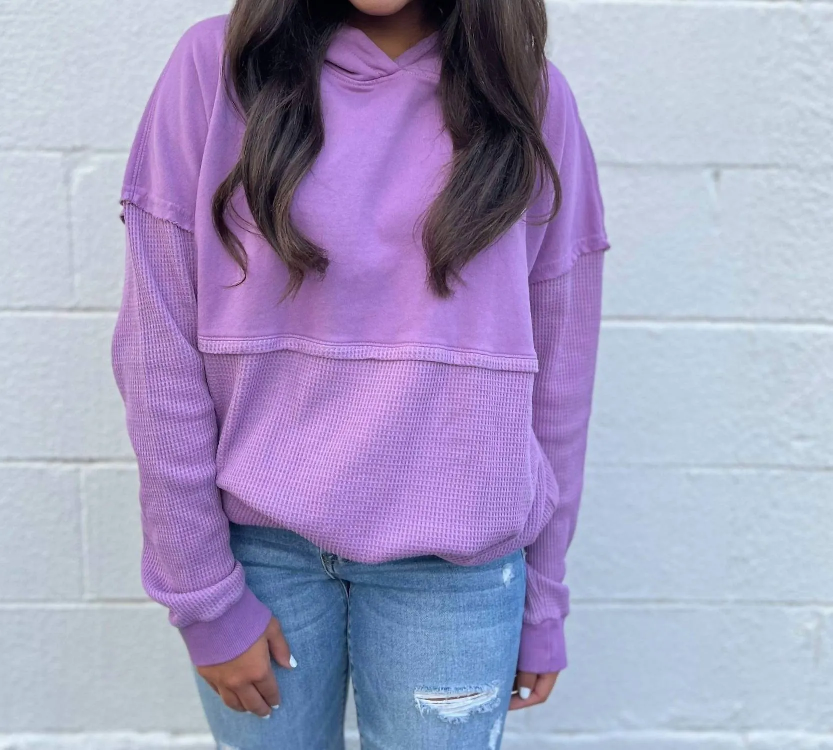 Grateful Where I Am Hidden Message Waffle Hoodie In Orchid