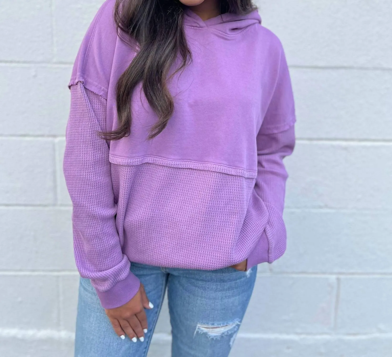 Grateful Where I Am Hidden Message Waffle Hoodie In Orchid