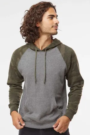 Independent Trading Company Mens Special Blend Raglan Hooded Sweatshirt Hoodie w/ Pouch Pocket - Heather Nickel Grey/Forest Green Camo