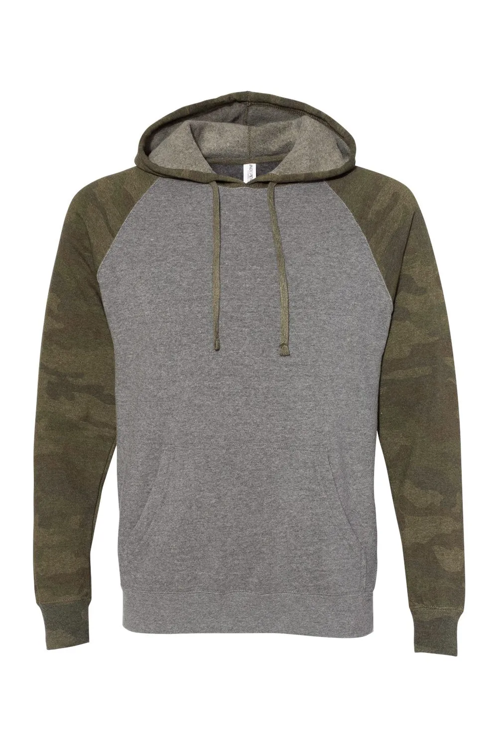 Independent Trading Company Mens Special Blend Raglan Hooded Sweatshirt Hoodie w/ Pouch Pocket - Heather Nickel Grey/Forest Green Camo