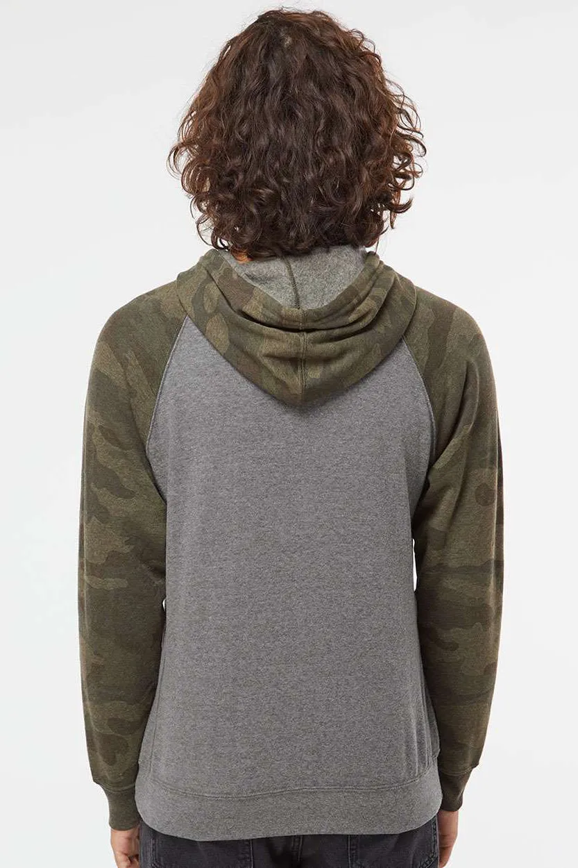 Independent Trading Company Mens Special Blend Raglan Hooded Sweatshirt Hoodie w/ Pouch Pocket - Heather Nickel Grey/Forest Green Camo