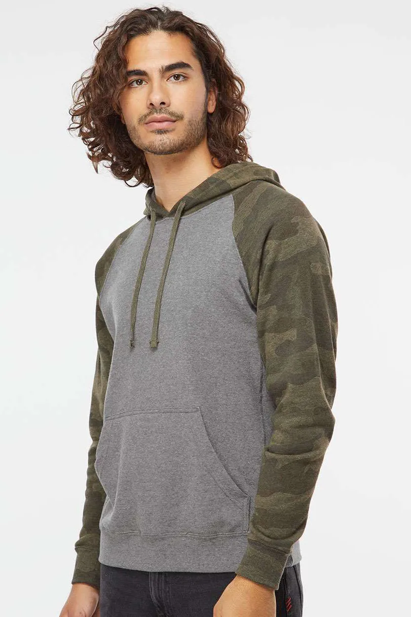 Independent Trading Company Mens Special Blend Raglan Hooded Sweatshirt Hoodie w/ Pouch Pocket - Heather Nickel Grey/Forest Green Camo