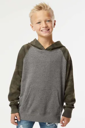 Independent Trading Company Youth Special Blend Raglan Hooded Sweatshirt Hoodie w/ Pouch Pocket - Heather Nickel Grey/Forest Green Camo