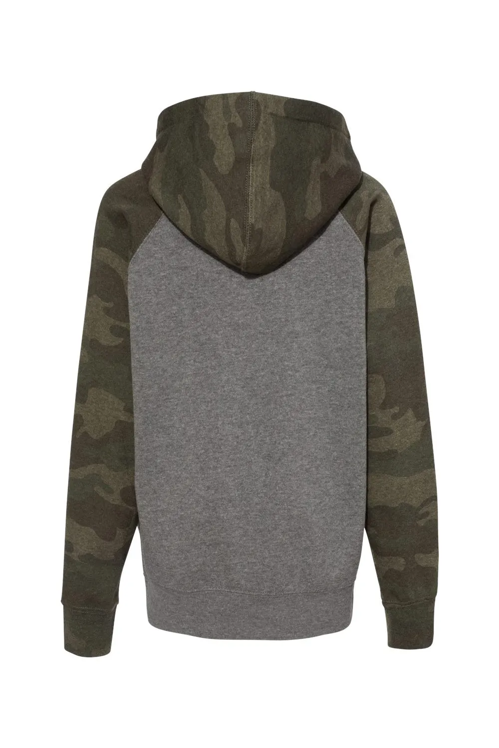 Independent Trading Company Youth Special Blend Raglan Hooded Sweatshirt Hoodie w/ Pouch Pocket - Heather Nickel Grey/Forest Green Camo