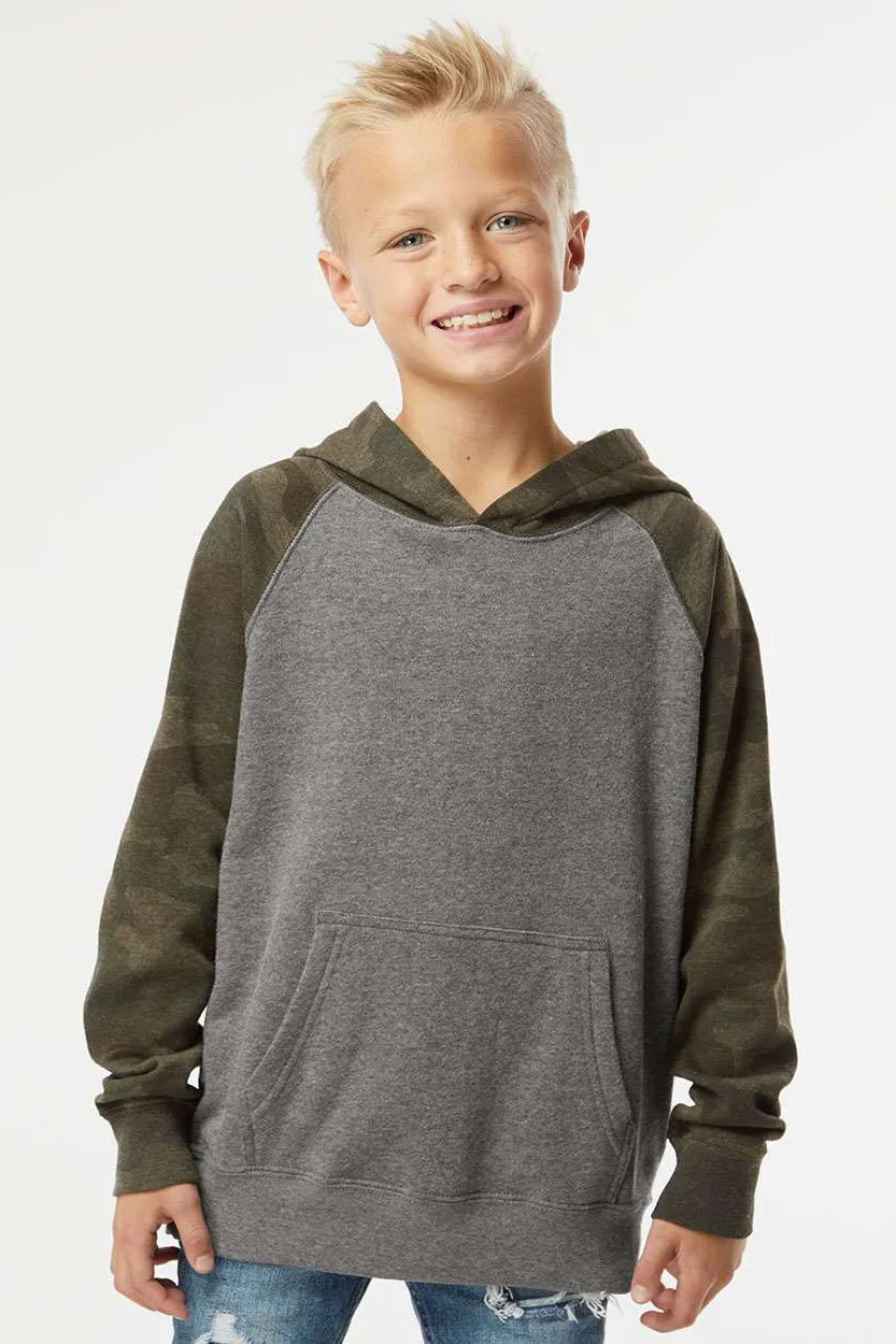 Independent Trading Company Youth Special Blend Raglan Hooded Sweatshirt Hoodie w/ Pouch Pocket - Heather Nickel Grey/Forest Green Camo