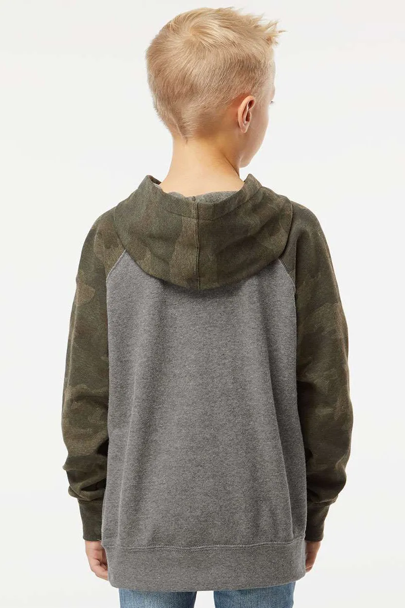 Independent Trading Company Youth Special Blend Raglan Hooded Sweatshirt Hoodie w/ Pouch Pocket - Heather Nickel Grey/Forest Green Camo