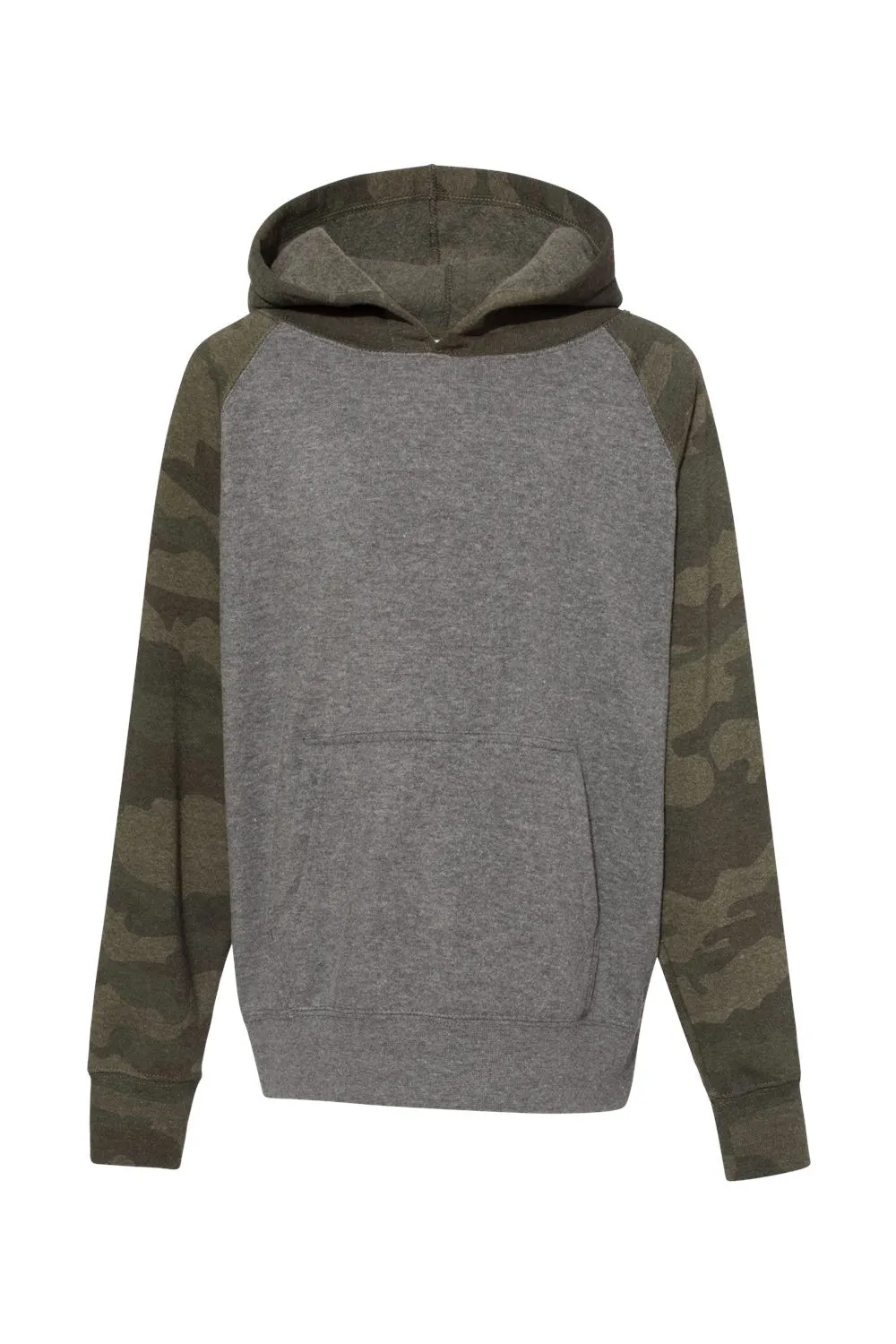 Independent Trading Company Youth Special Blend Raglan Hooded Sweatshirt Hoodie w/ Pouch Pocket - Heather Nickel Grey/Forest Green Camo