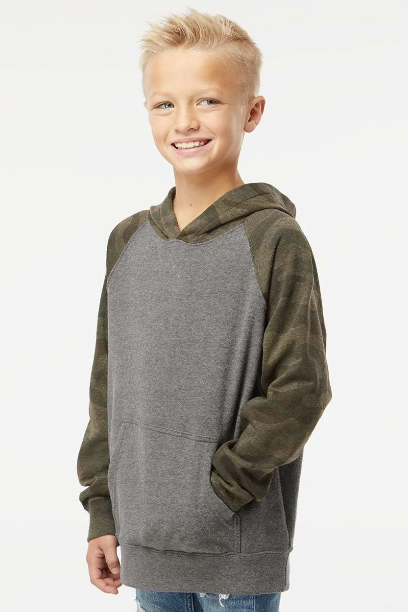 Independent Trading Company Youth Special Blend Raglan Hooded Sweatshirt Hoodie w/ Pouch Pocket - Heather Nickel Grey/Forest Green Camo