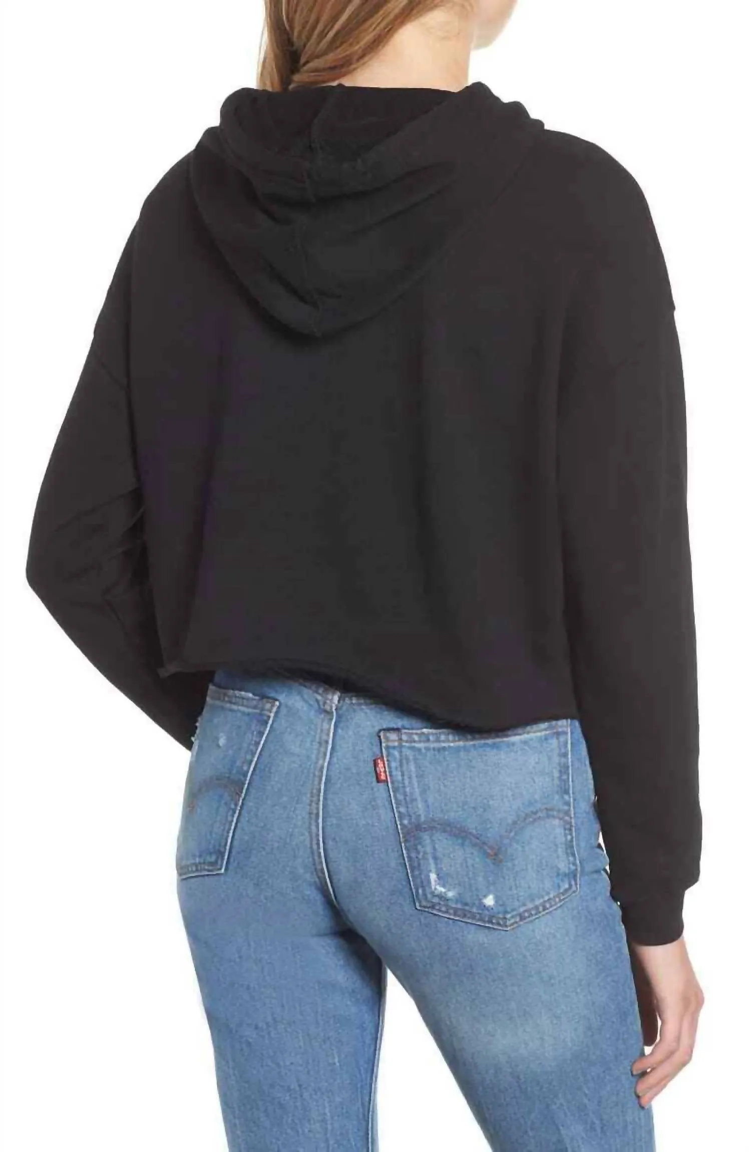 Kelly Logo Print Cropped Raw Hem Hoodie Sweatshirt In Black