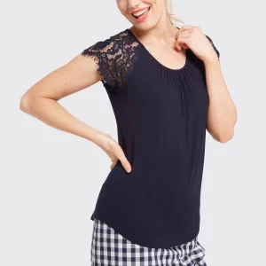 Lace Shoulder Tank Top In Navy