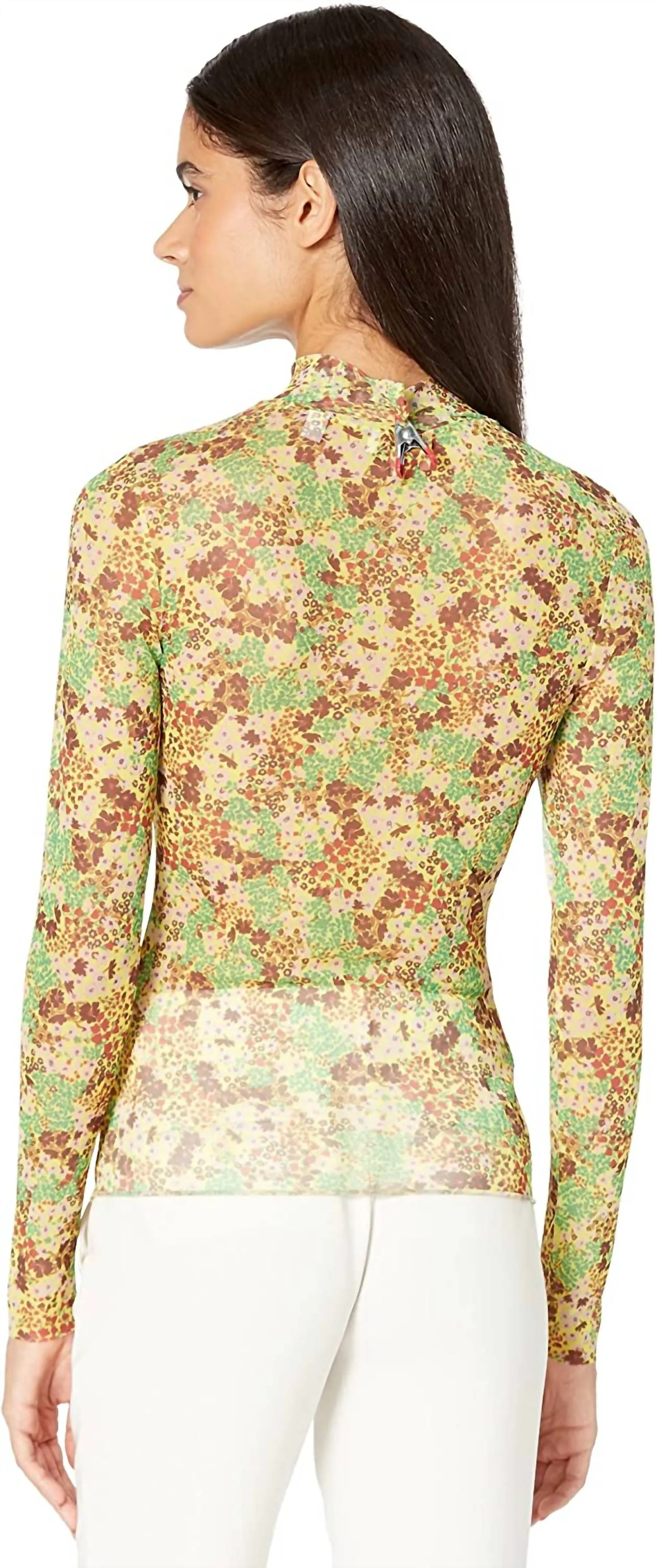 Lennix Mesh Floral Mock Neck Long Sleeve Top In Yellow