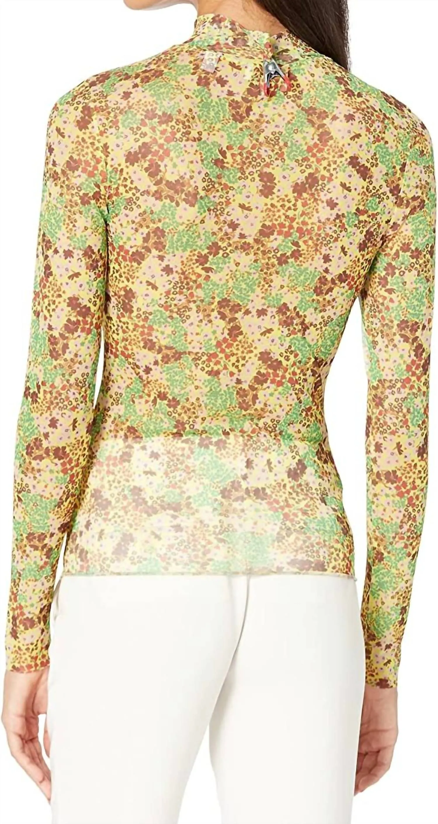 Lennix Mesh Floral Mock Neck Long Sleeve Top In Yellow