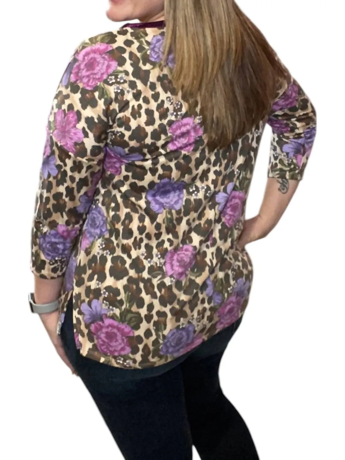 Leopard Floral Spliced Tee In Purple Multi