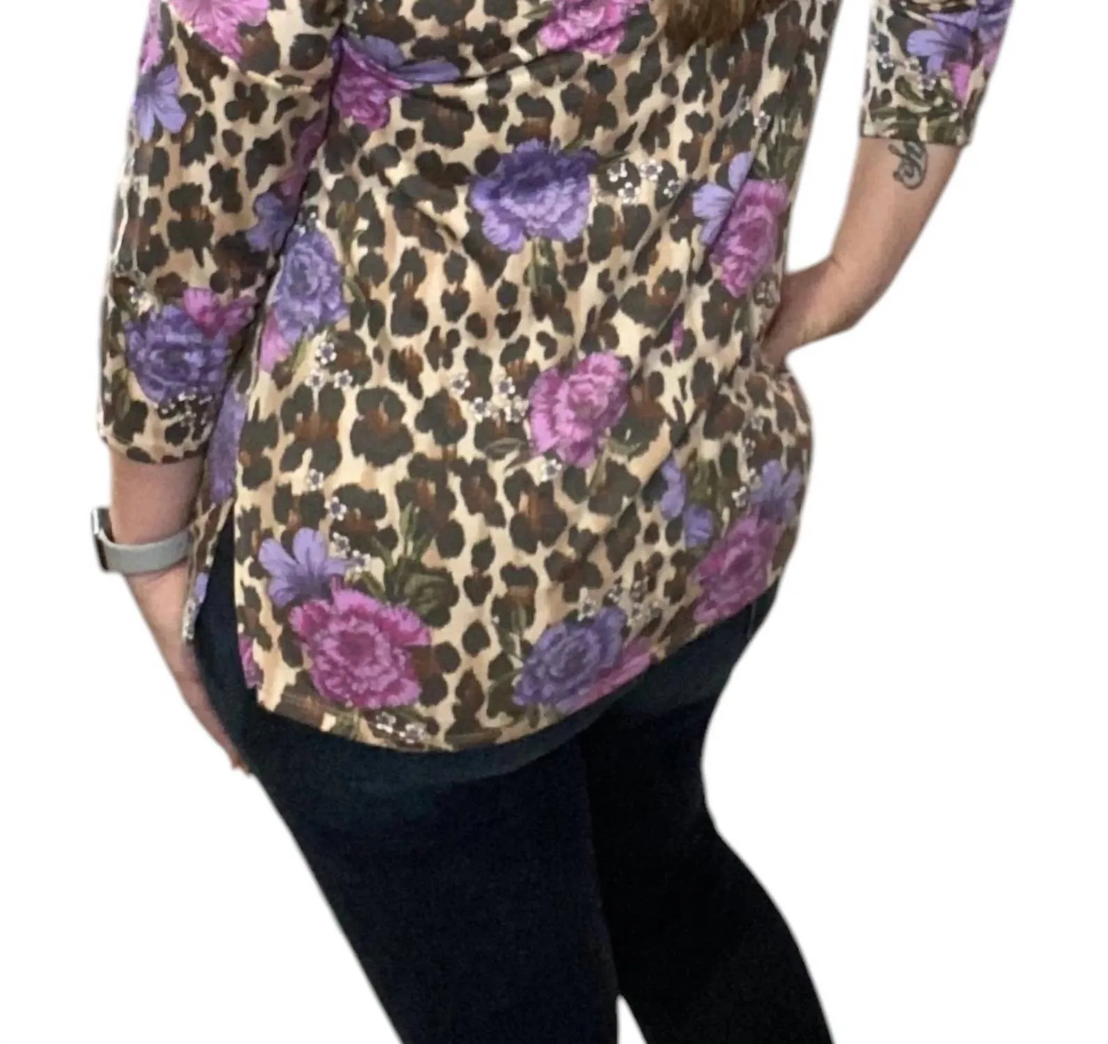 Leopard Floral Spliced Tee In Purple Multi