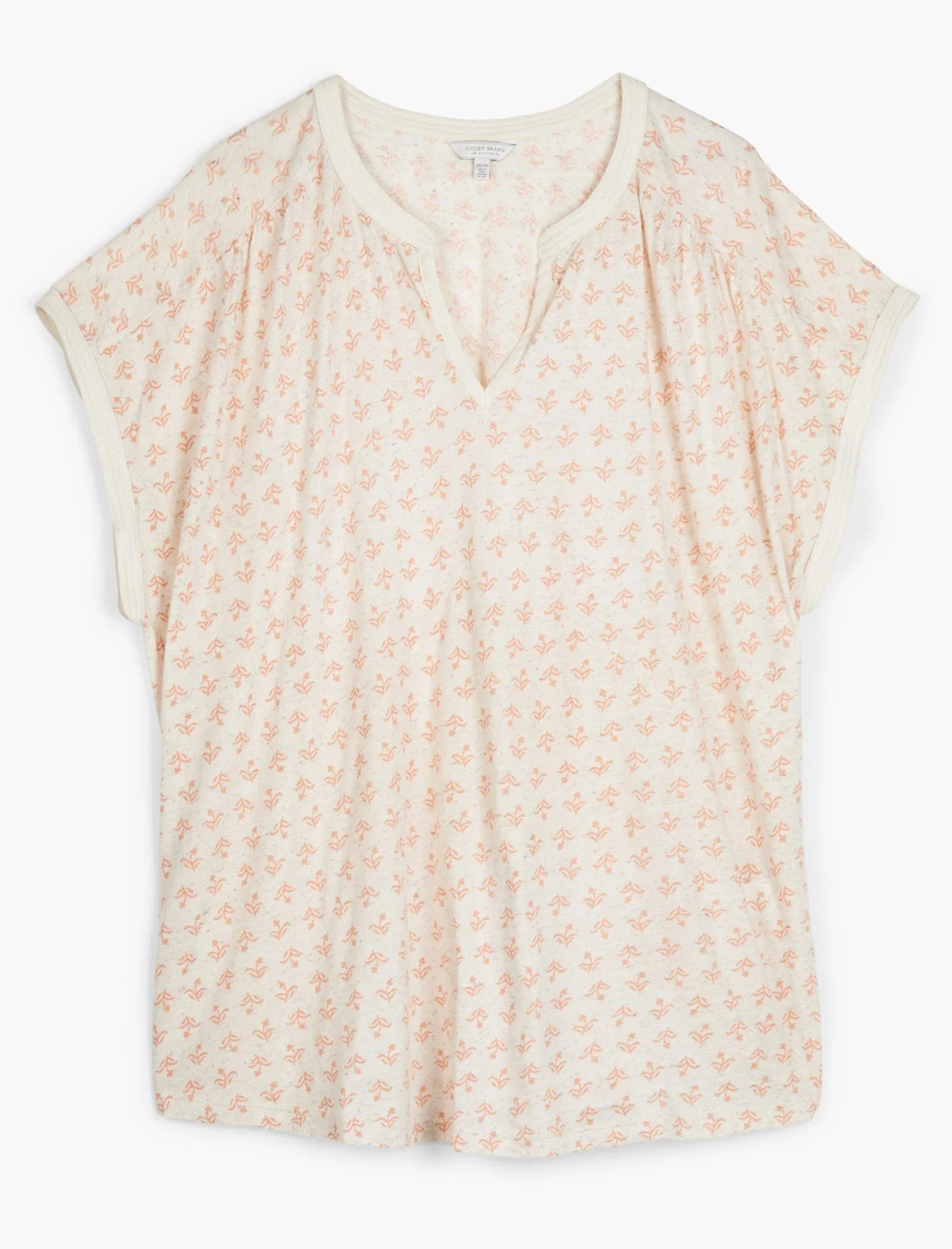 Lucky Brand Block Print Slit Neck Top Natural Multi Lucky Brand
