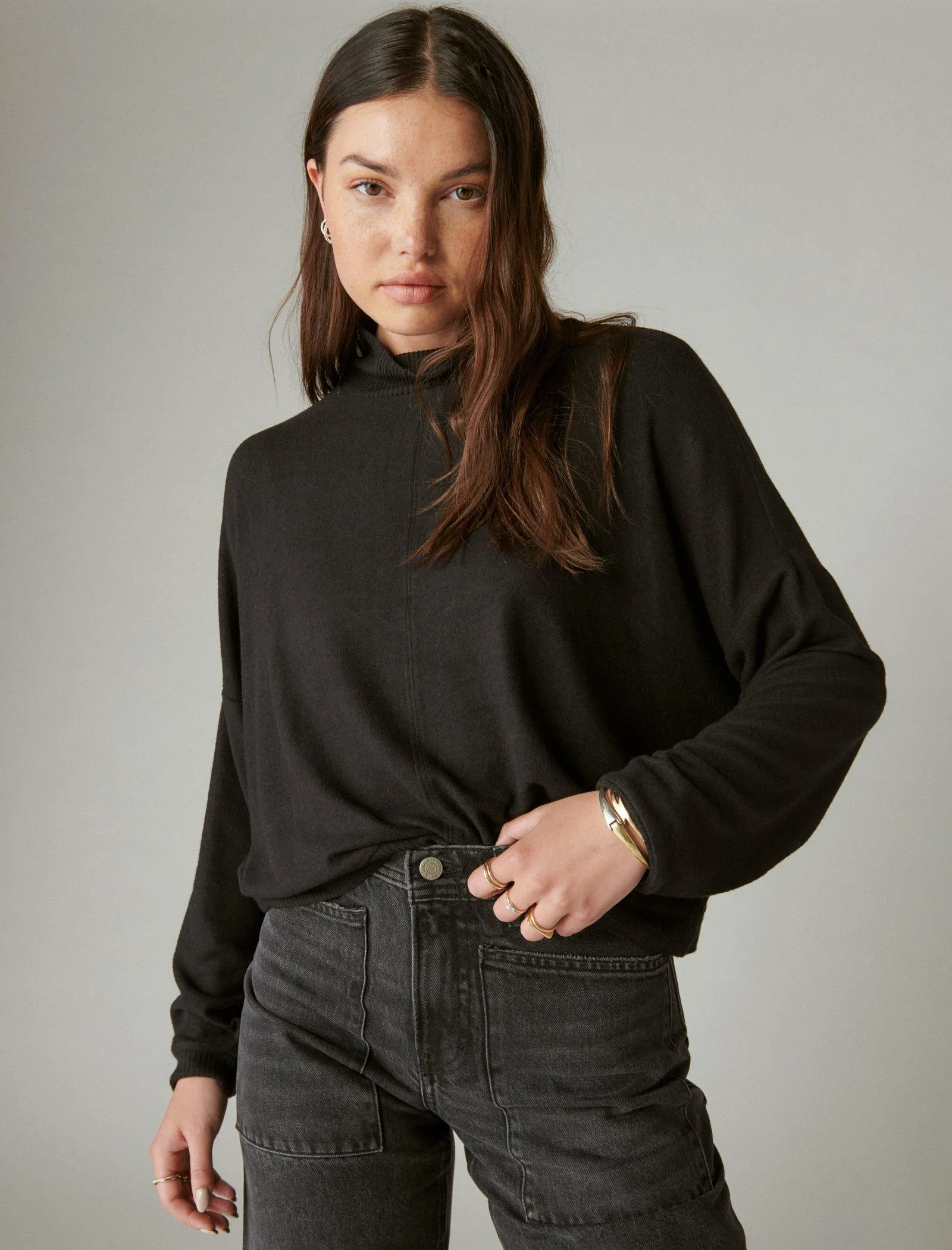 Lucky Brand Cloud Jersey Mock Neck Top Jet Black Lucky Brand