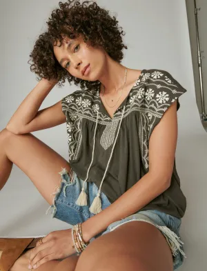 Lucky Brand Embroidered Peasant Tee Raven Lucky Brand