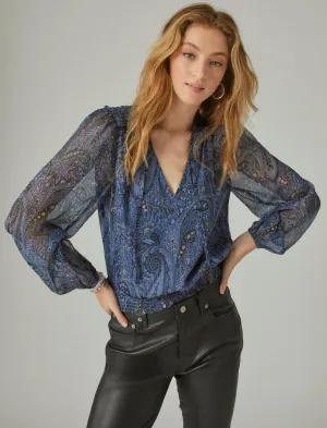 Lucky Brand Long Sleeve Paisley Bubble Hem Blouse Indigo Multi Lucky Brand