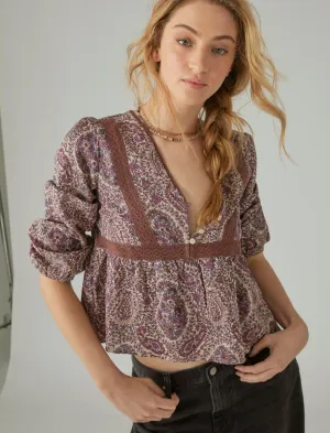 Lucky Brand Printed Lace Inset Babydoll Top Mauve Multi Lucky Brand