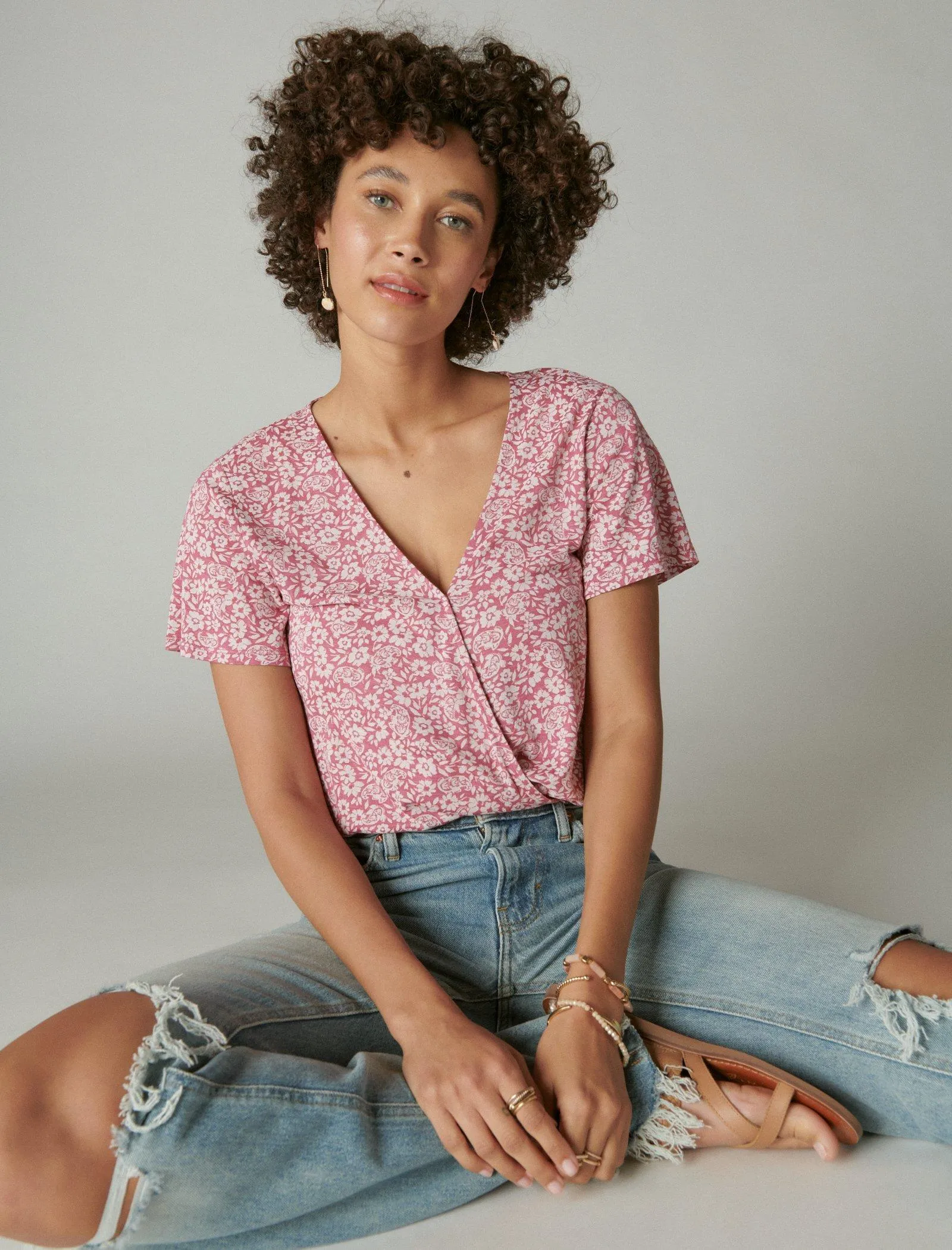 Lucky Brand Printed Surplice Top Pink Multi Lucky Brand