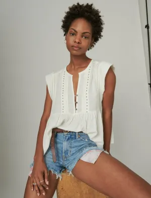Lucky Brand Studded Babydoll Top Cream Lucky Brand