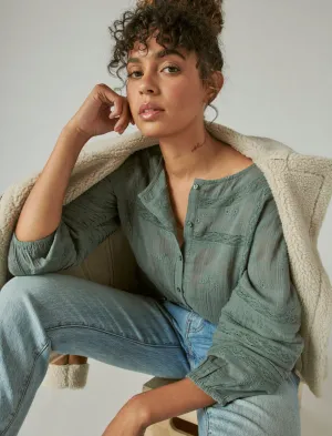 Lucky Brand Textured Popover Blouse Balsam Green Lucky Brand