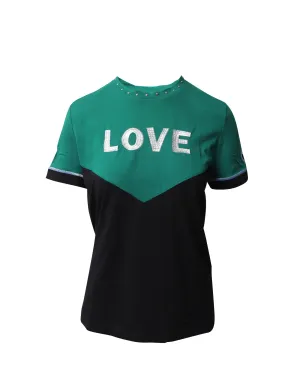 Maje Toevi Love Embroidered Bicolor T-Shirt in Green and Black Cotton