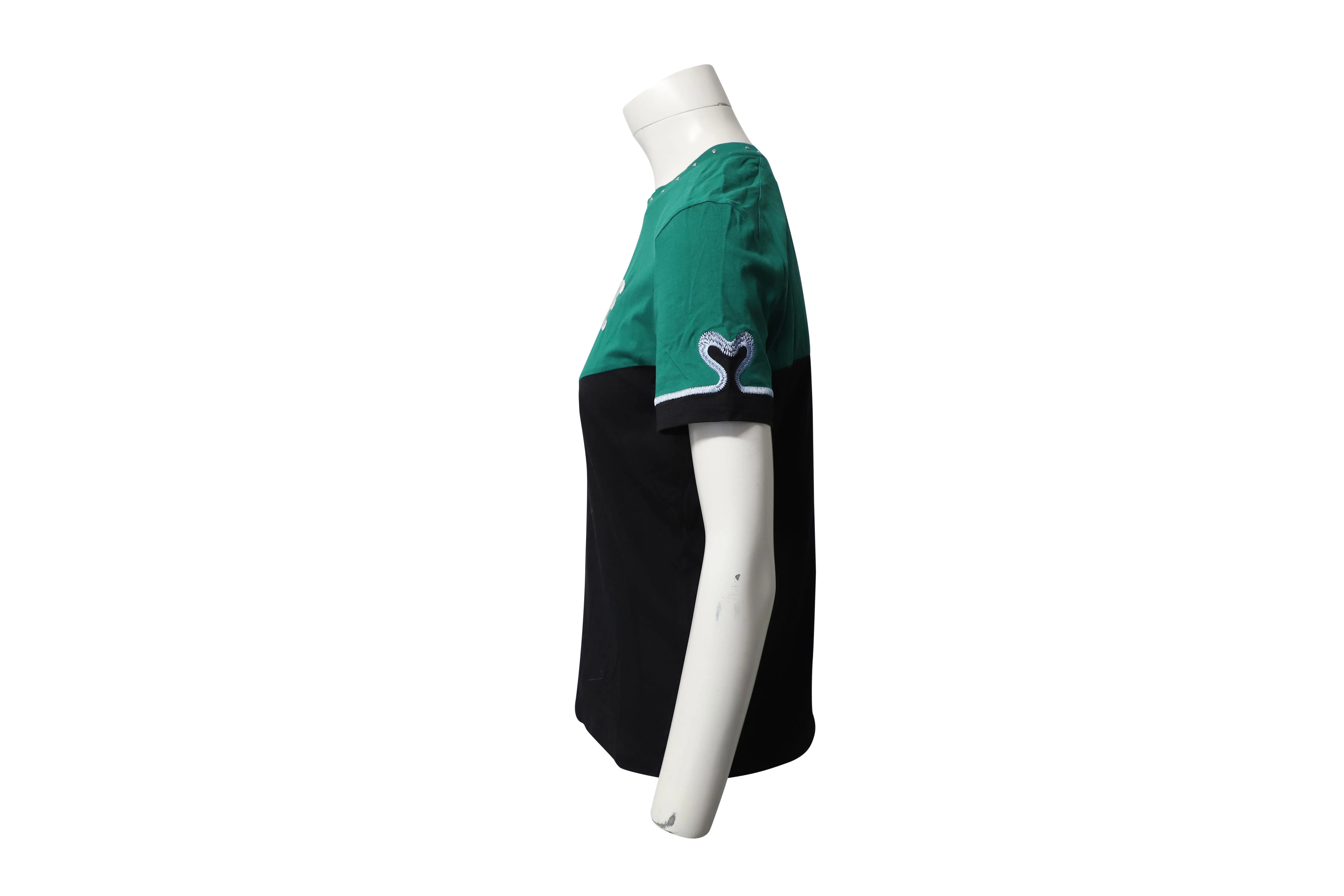 Maje Toevi Love Embroidered Bicolor T-Shirt in Green and Black Cotton