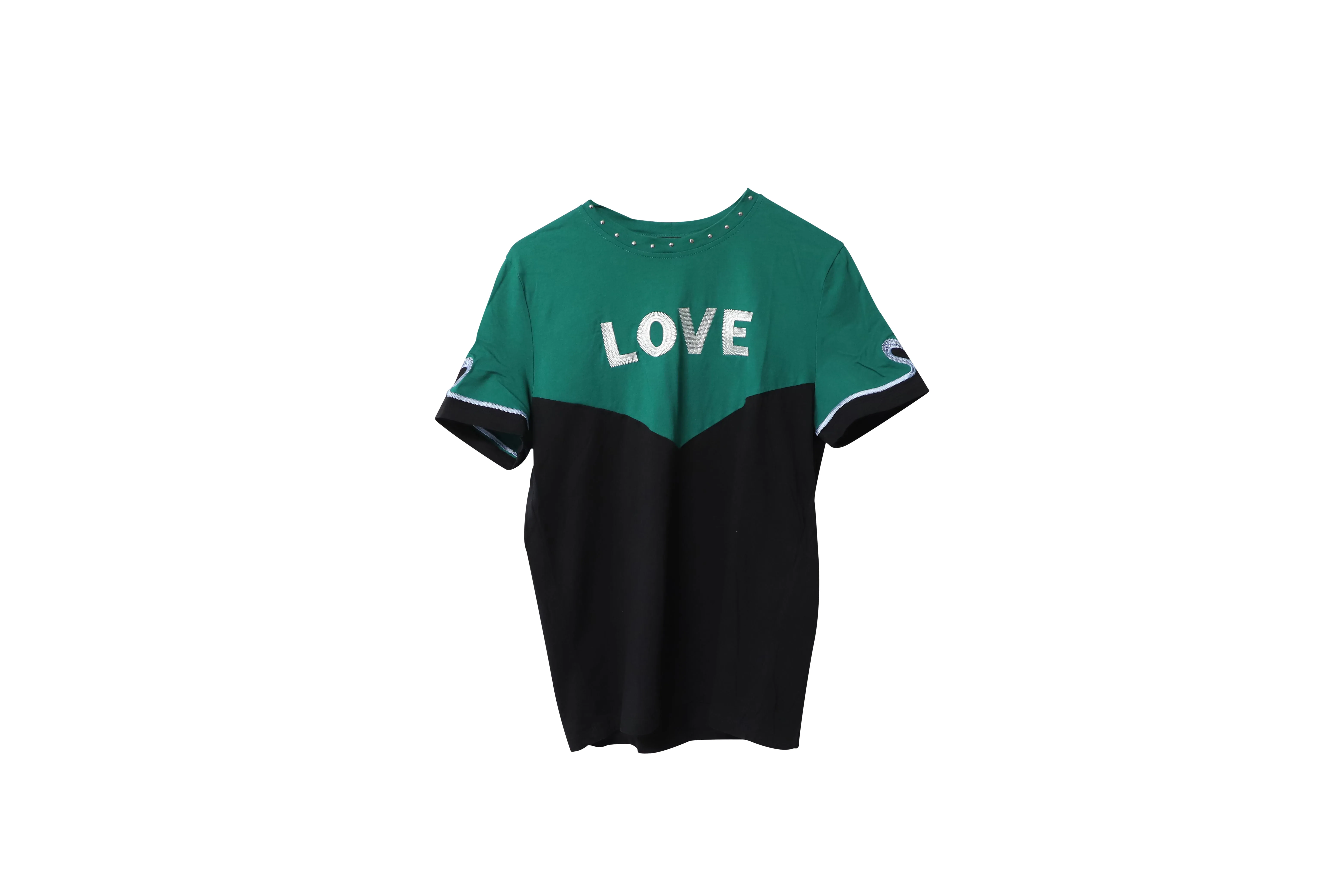 Maje Toevi Love Embroidered Bicolor T-Shirt in Green and Black Cotton