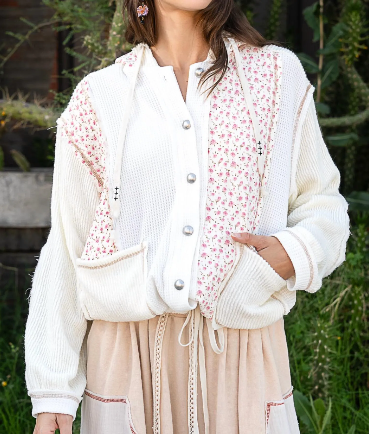 Miles Patchwork Floral Hoodie In Cream Multi
