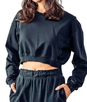 Mineral Washed Mock Neck Crop Sweatshirt In Black
