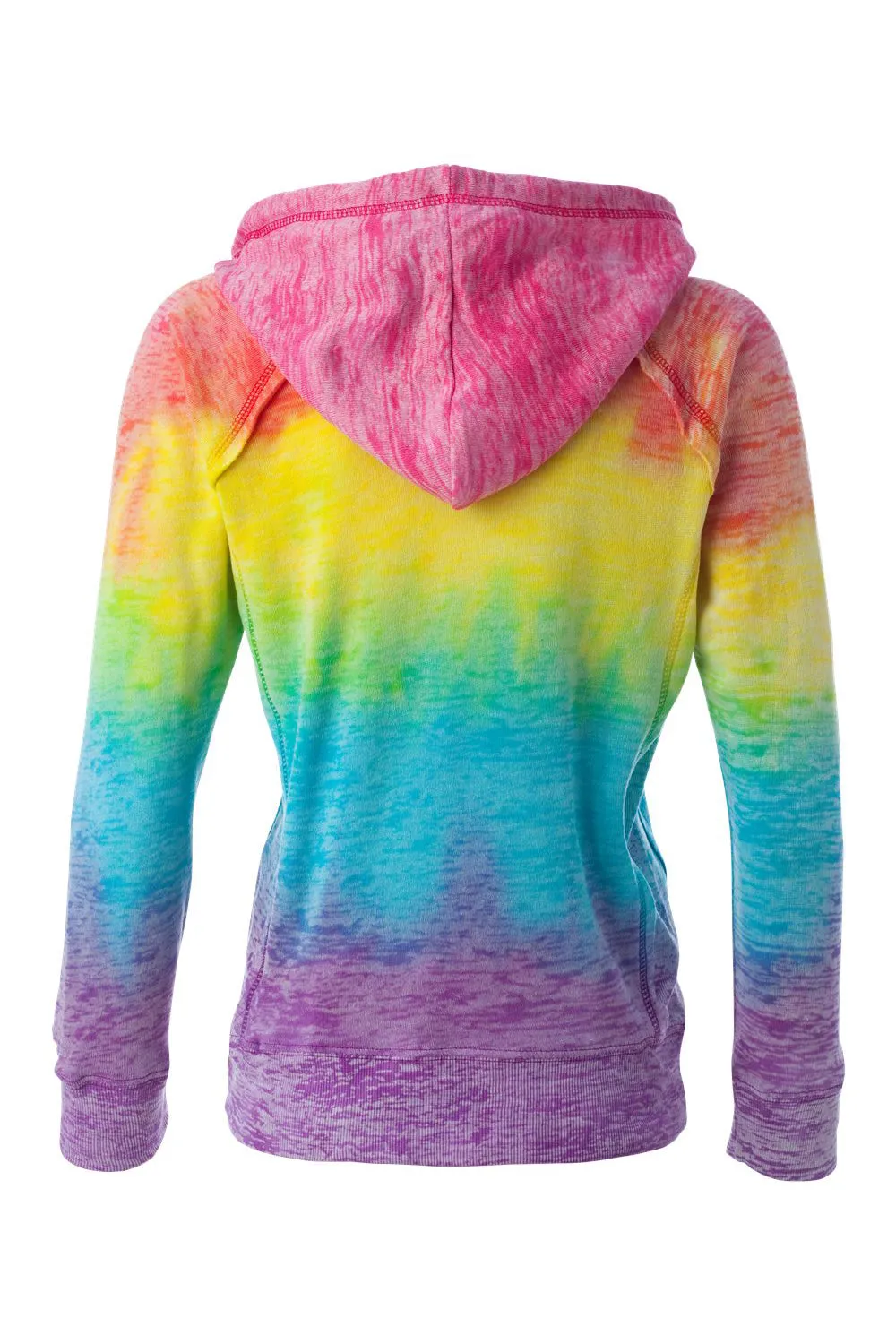 MV Sport Womens Courtney Burnout V-Notch Hooded Sweatshirt Hoodie w/ Pouch Pocket - Rainbow Stripe
