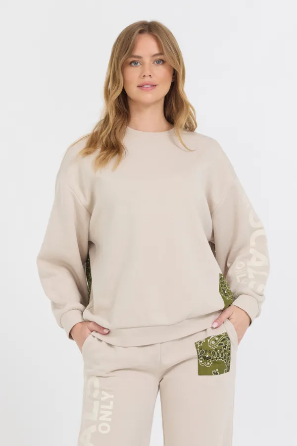Neutral Taupe/ Olive/ Tan Bandana Patch Crewneck