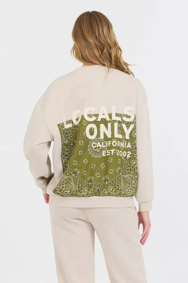 Neutral Taupe/ Olive/ Tan Bandana Patch Crewneck