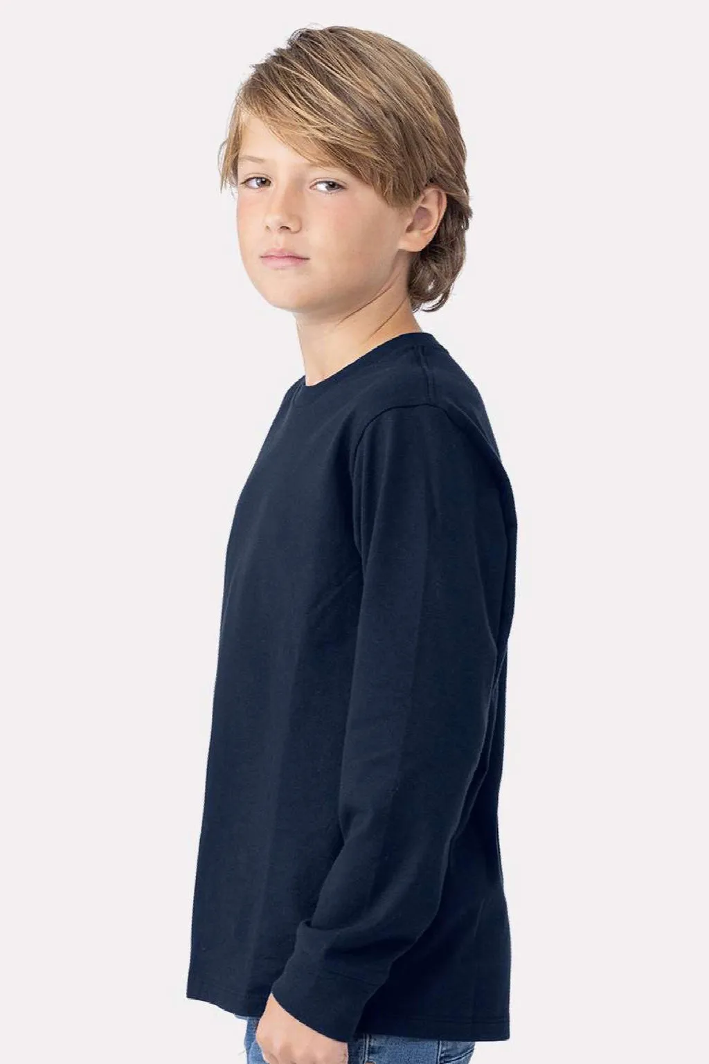 Next Level Youth Long Sleeve Crewneck T-Shirt - Midnight Navy Blue