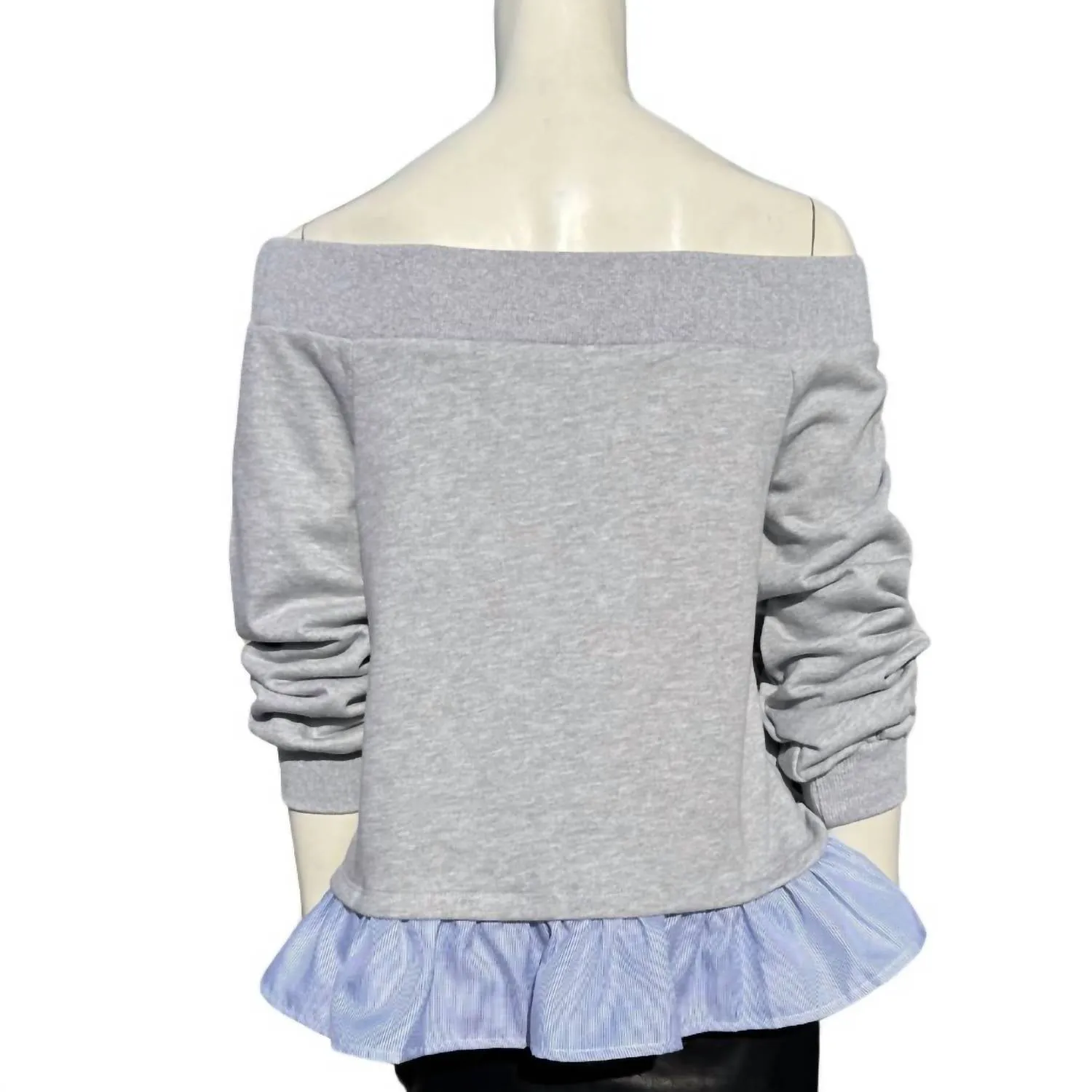 Off The Shoulder Sweatshirt In Grey, Blue And White Pinstripe