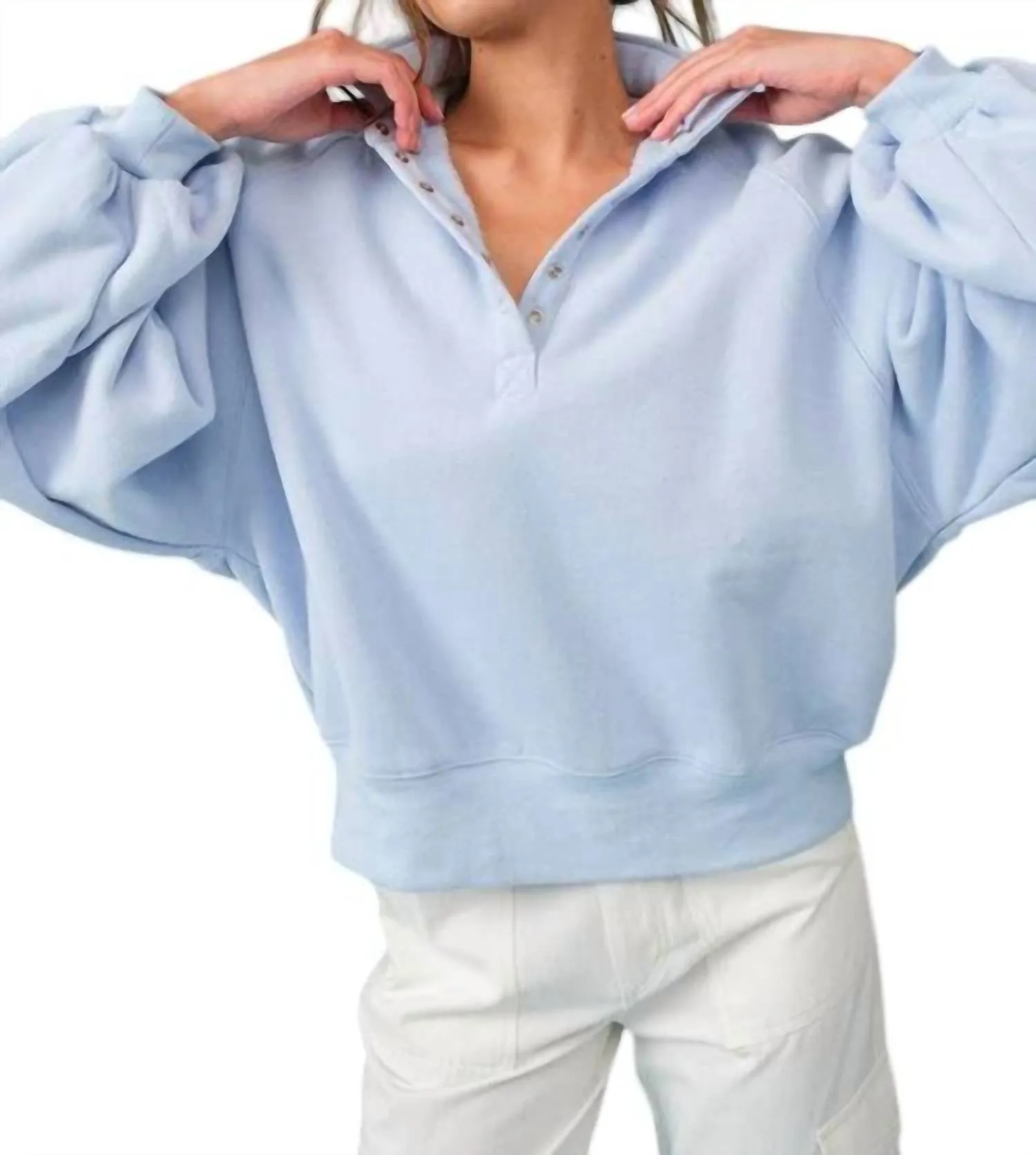 Piper Snap Button Collared Pullover Sweatshirt In Sky Blue