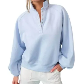 Piper Snap Button Collared Pullover Sweatshirt In Sky Blue