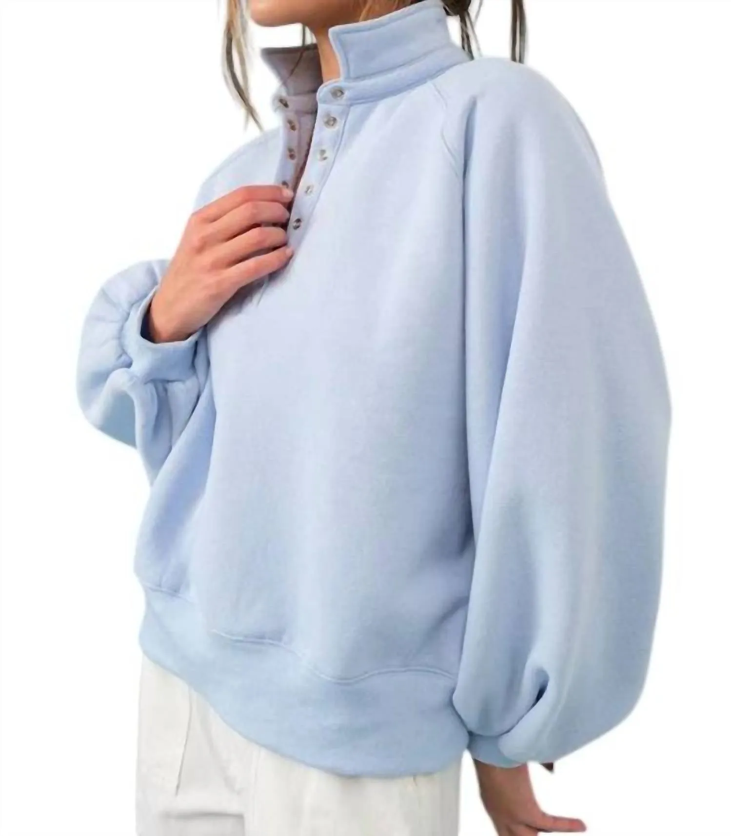 Piper Snap Button Collared Pullover Sweatshirt In Sky Blue