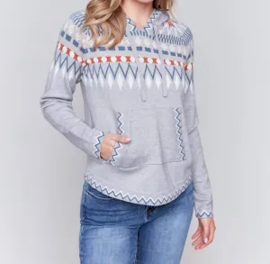 Plush Knit Ski Hoodie Sweater In Gray Multi